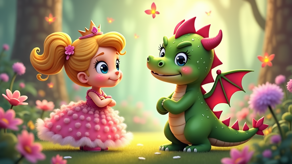 A chibi princess encountering a mischievous but cute villain, possibly a small, grumpy dragon or a tiny wizard. The scene should be lighthearted and fun, emphasizing the contrast in their appearances.