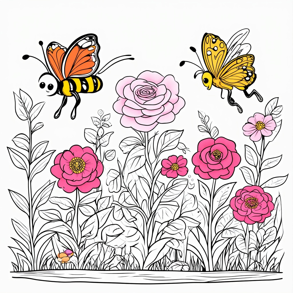 A whimsical coloring page showing children or personified garden creatures (like friendly bees or butterflies) tending to or admiring the roses in a playful section of the garden.