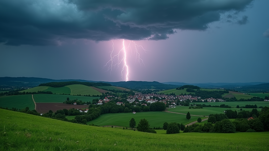 Thunderstorm wallpaper featuring a picturesque rural countryside. A string of lightning lights up a sleepy village nestled among rolling hills. The flash reveals a patchwork of farm fields, punctuated by solitary trees and winding dirt roads. This captivating scene illustrates the storm's sweeping power across the serene, pastoral land.