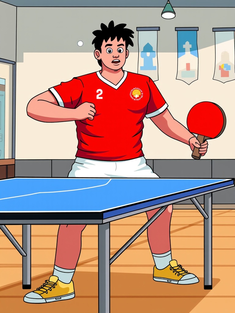  a young man playing table tennis. He is wearing a red t-shirt with the number 2 on it and white shorts. He has black hair and is holding a red ping pong paddle in his right hand. The table tennis table is blue and there are three flags hanging on the wall behind him. The room appears to be a ping-pong court with a wooden floor and a white wall.