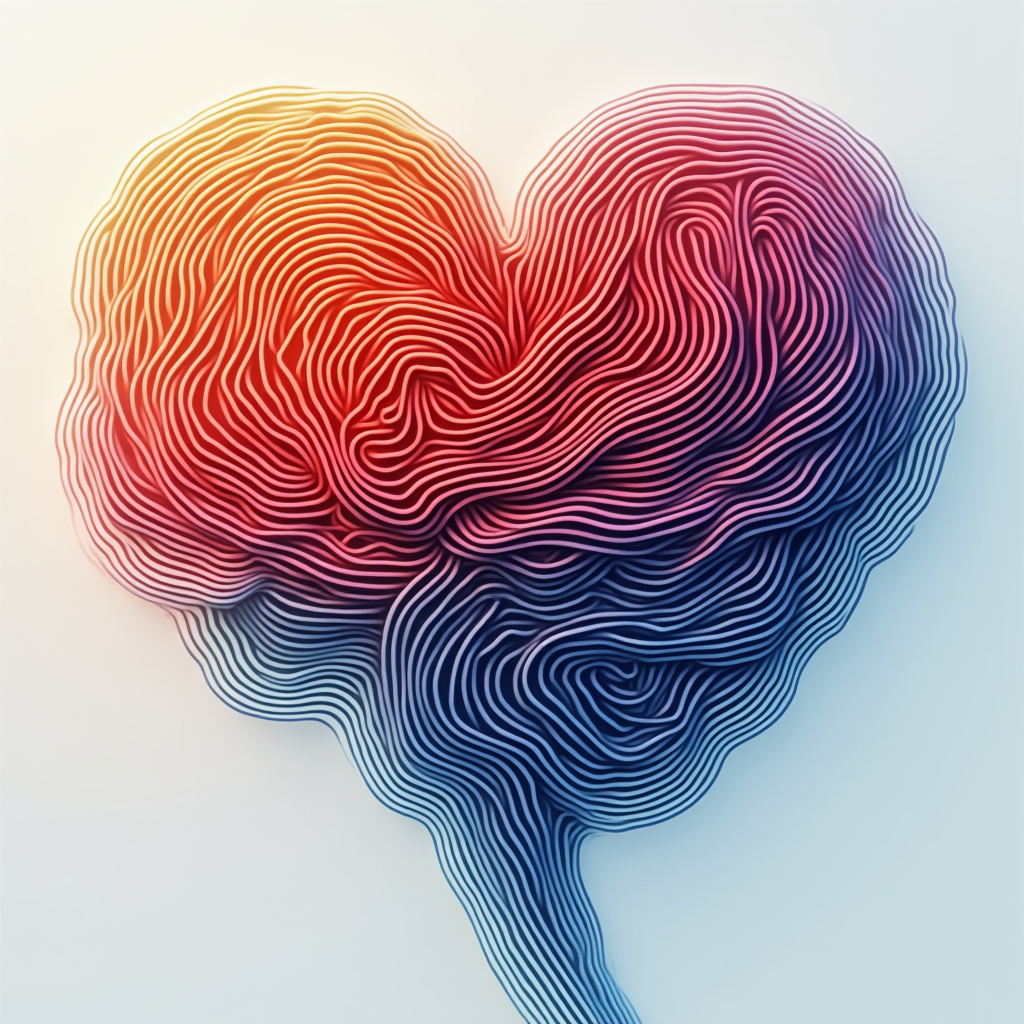 Design Idea 5 (Abstract Flow): An abstract design using flowing lines. Warm colored lines (reds, oranges) form a heart-like shape, which then transition into cooler colored lines (blues, purples) forming intricate patterns or a subtle brain outline, symbolizing the blend of compassion and intellect.