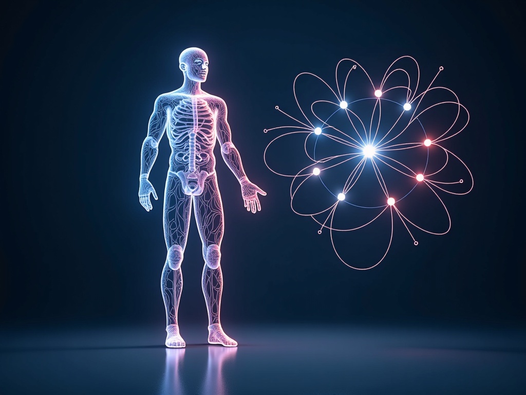 A conceptual artwork where a translucent human silhouette is filled with intricate, glowing pathways representing their unique biological makeup. An AI, represented by a clean, abstract light form, interacting with these pathways, meticulously crafting and refining a personalized treatment plan, which is visualized as a newly forming, harmonious pattern within the silhouette.