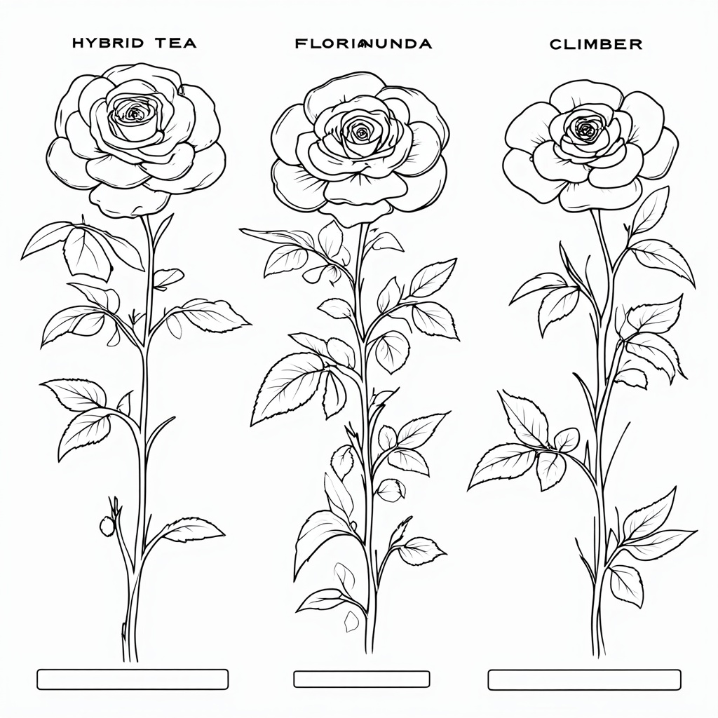 An educational coloring page that includes 3-4 different types of rose blooms (e.g., Hybrid Tea, Floribunda, Climber) clearly outlined, with small, blank labels for colorists to write in the rose type or color name after researching or imagining.