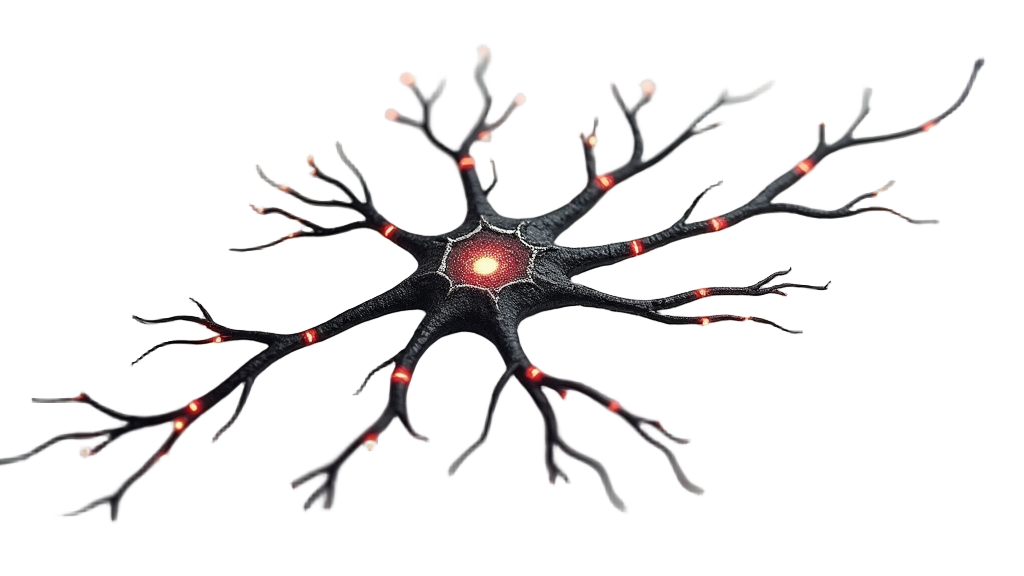 A single, detailed neuron whose axon and dendrites morph into fiber optic cables or streams of binary code, with a subtle glow effect.