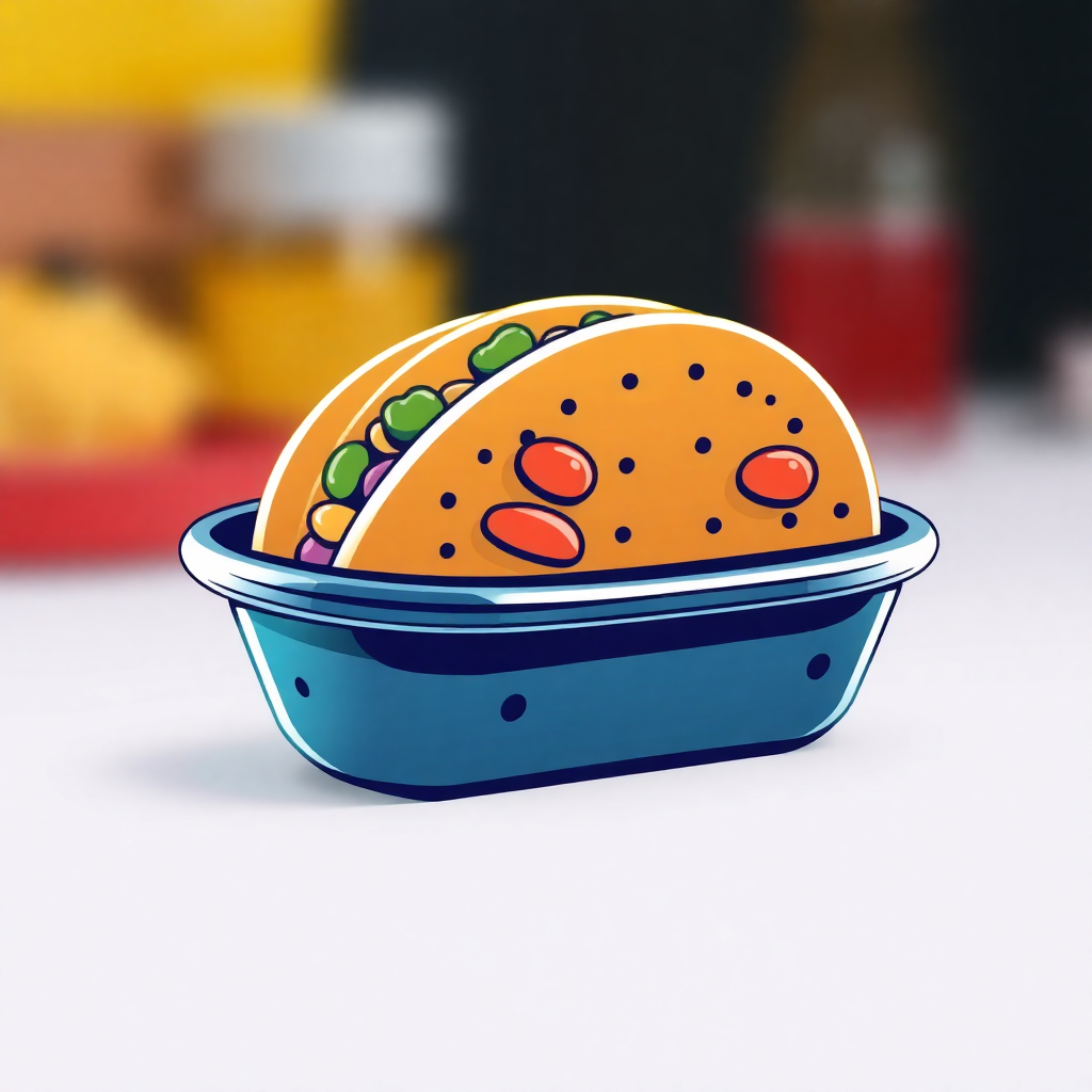 The image is an illustration of a taco in a blue plastic container. The taco is round and has a golden-brown color with small holes on the top. It is filled with colorful vegetables, including green beans, red tomatoes, and yellow peppers. The container is sitting on a white surface with a blurred background of other food items. The overall color scheme of the image is bright and vibrant.