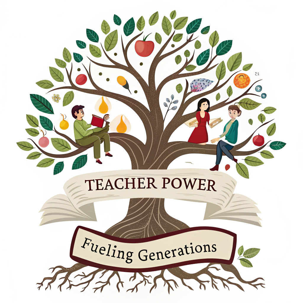 Sticker Design 2: Generational Growth Tree. Features a robust tree, where the roots are formed by books or supportive hands, and the leaves or fruits symbolize students or evolving knowledge. 'Teacher Power' is elegantly scripted on the trunk, with 'Fueling Generations' arched above or as a banner below.