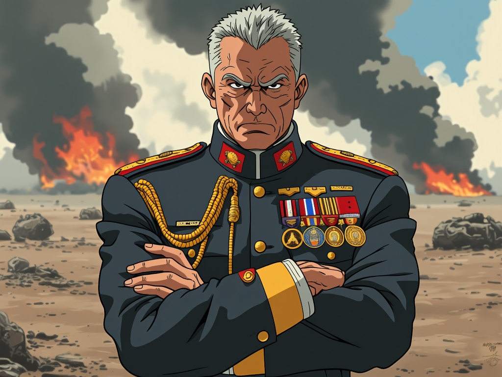 The image is an illustration of a man in a military uniform standing in front of a raging fire. The man appears to be in his late 40s or early 50s, with grey hair and a serious expression on his face. He is wearing a dark blue military uniform with gold epaulettes and medals on his chest and arms. The background is a barren landscape with rocks and debris scattered around. The fire is burning brightly in the distance, with thick black smoke rising up into the sky. The overall mood of the image is tense and ominous.