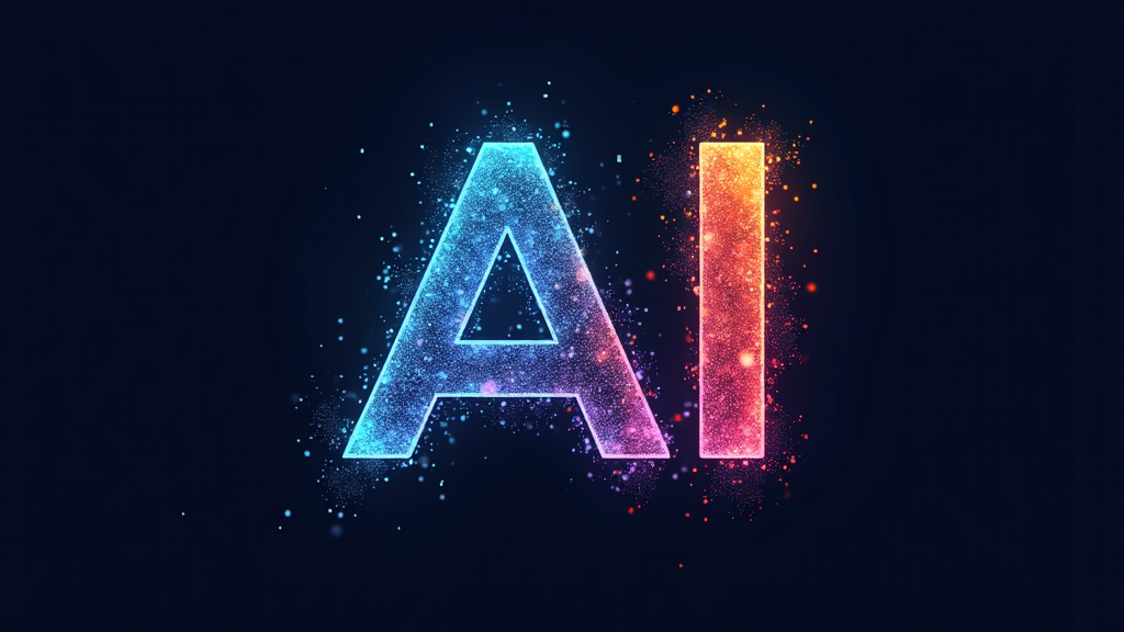 An iconic T-shirt graphic: a concise 'AI' monogram where the letters are constructed from dynamic, interconnected pixels. The monogram features a color gradient from a digital blue/cyan to a warm, tangible color like orange or magenta, representing the shift from digital to physical.