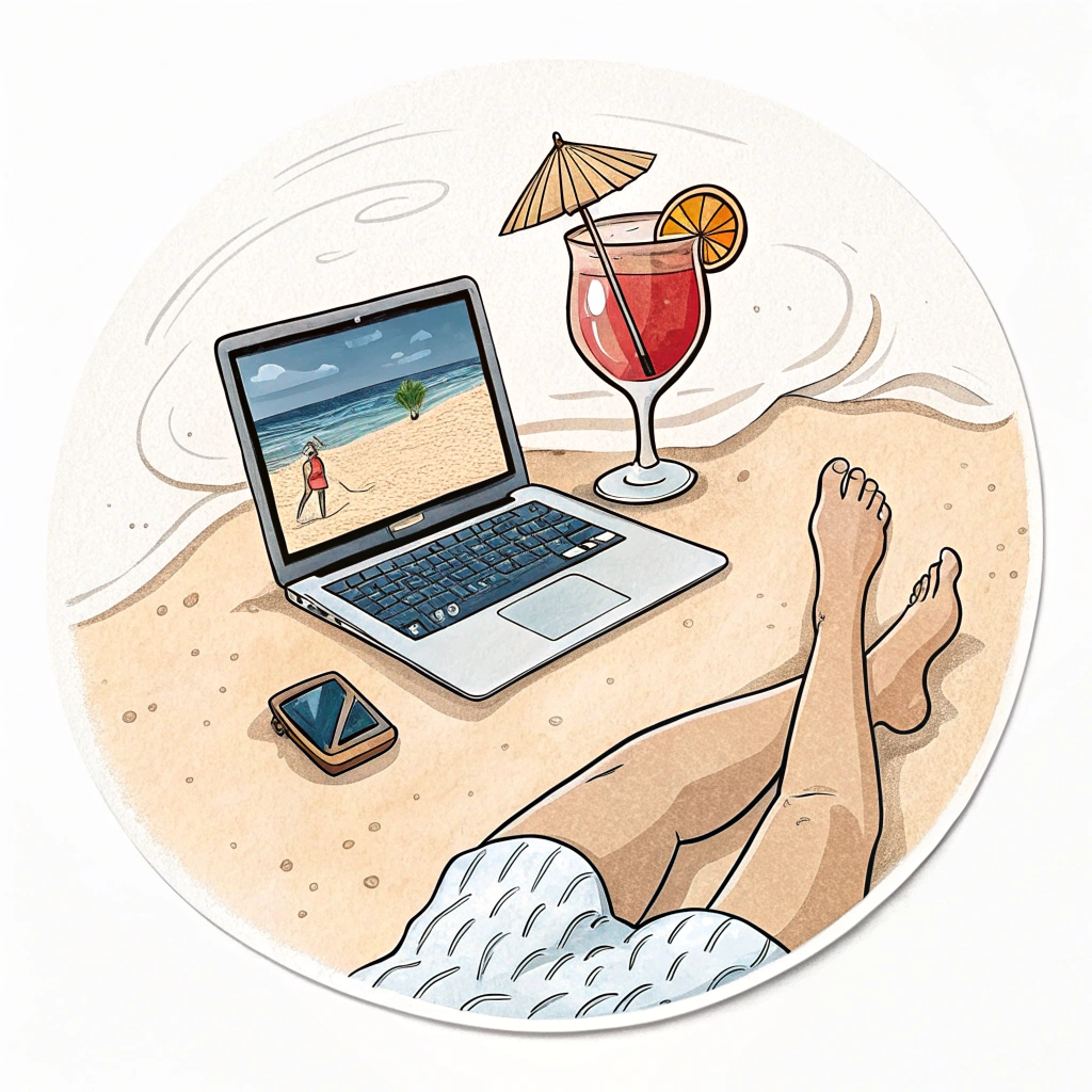 Laptop on a beach, cocktail beside it, person's legs visible.