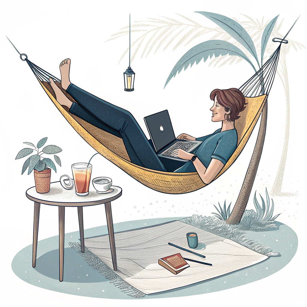 A person working on a laptop in a hammock, with a drink on a nearby table.