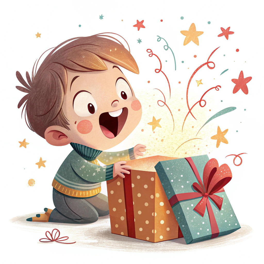 A sticker featuring a child character opening a present with a surprised and joyful expression.