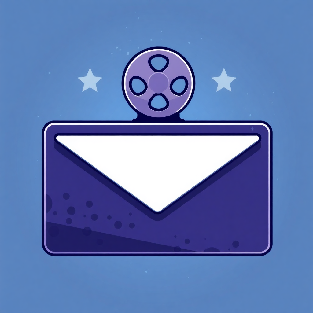 The image shows an envelope with a movie reel on top of it, surrounded by stars. The envelope is a bright blue color, and the movie reel is a silver color. The stars are a mix of white and yellow, adding a festive touch to the image.