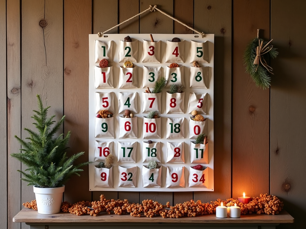 A traditional Advent calendar hanging on the wall, handcrafted with colorful numbered pockets holding small surprises, sitting below a shelf adorned with a simple dried orange and cinnamon garland.