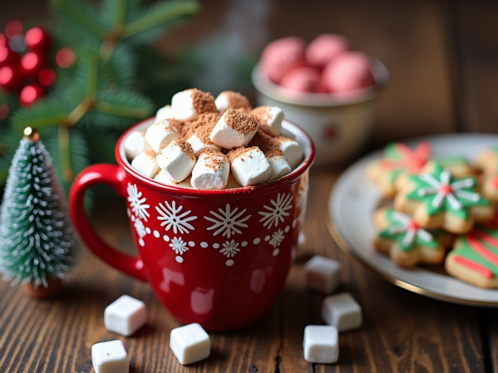 An inviting cup of steaming hot chocolate topped with fluffy marshmallows and a sprinkle of cocoa powder. The mug, adorned with festive motifs, sits on a wooden table next to a small pine tree centerpiece and a plate of Christmas cookies offering a perfect holiday treat that invites warmth and cheer.