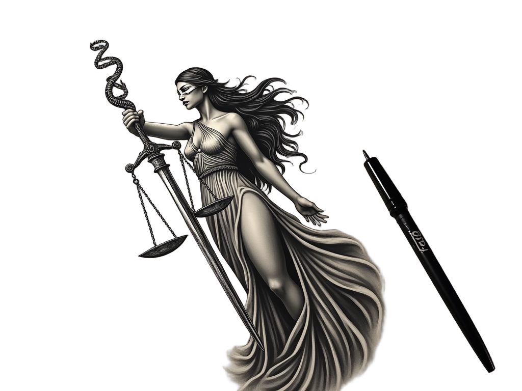 A unique Lady Justice tattoo integrates DNA helix patterns within the sword's blade, symbolizing justice in modern science.