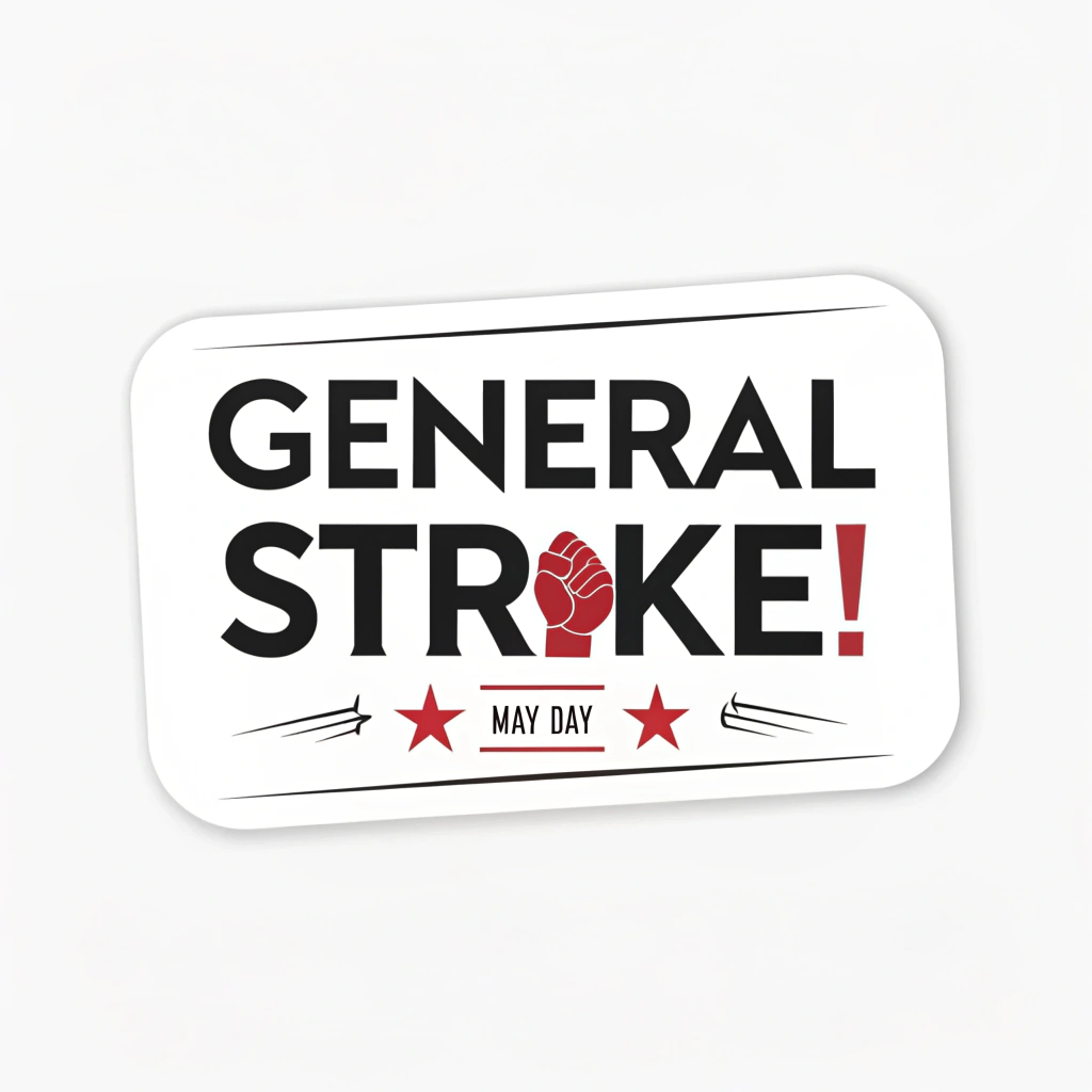 Minimalist Impact Sticker: Dominated by 'GENERAL STRIKE!' in an extremely bold, clean sans-serif. Stark two-tone color scheme (e.g., black on red, or red on white). 'May Day' is very small and discreet.