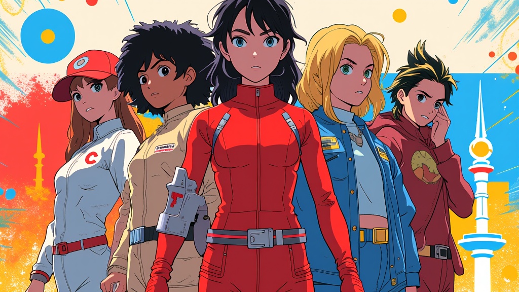 Retro Remix: Classic characters re-envisioned in a sleek, contemporary anime art style with vibrant cel-shading and dynamic action poses. Their iconic outfits receive subtle modern fashion updates, set against backgrounds incorporating MomoCon's branding colors and geometric motifs.