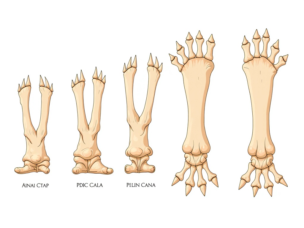 Anatomy study focusing on dinosaur feet, showing the bones, tendons, and scales of different species.