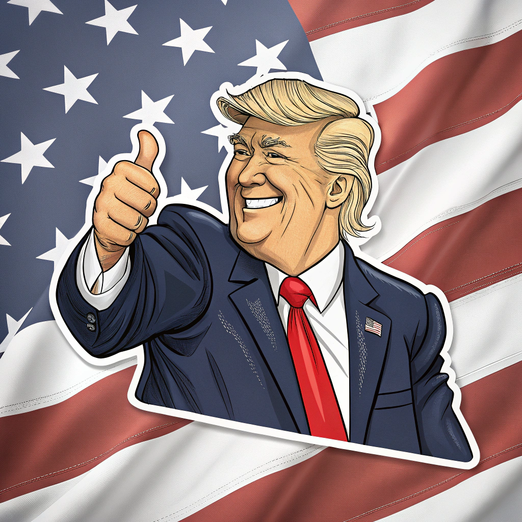 A caricature of Donald Trump with his signature hairstyle and a thumbs-up gesture, set against an American flag background.