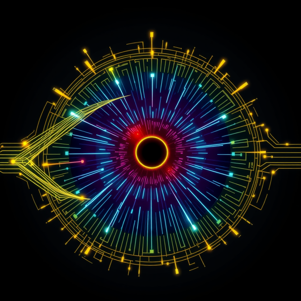 An iris icon where the iris patterns are depicted as flowing digital data streams or light trails converging towards the pupil, representing the scanning process within a cybersecurity context.