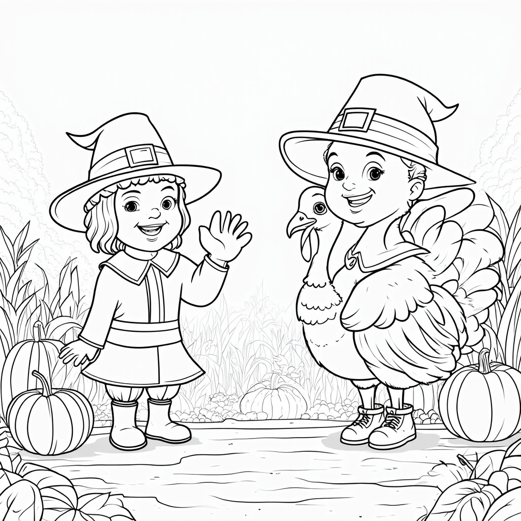 A pair of cheerful cartoon pilgrims, complete with traditional attire and buckle shoes, waving at a smiling turkey wearing a comical pilgrim hat, set against a backdrop of a bountiful harvest scene.