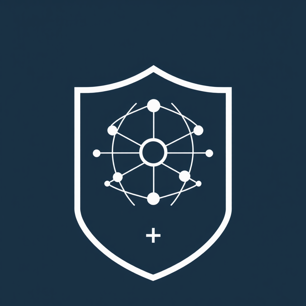 Minimalist design: A clean shield outline. Inside, use interconnected dots and lines representing both a global network and diverse people. Incorporate a small, subtle plus symbol (+) for health within the network.