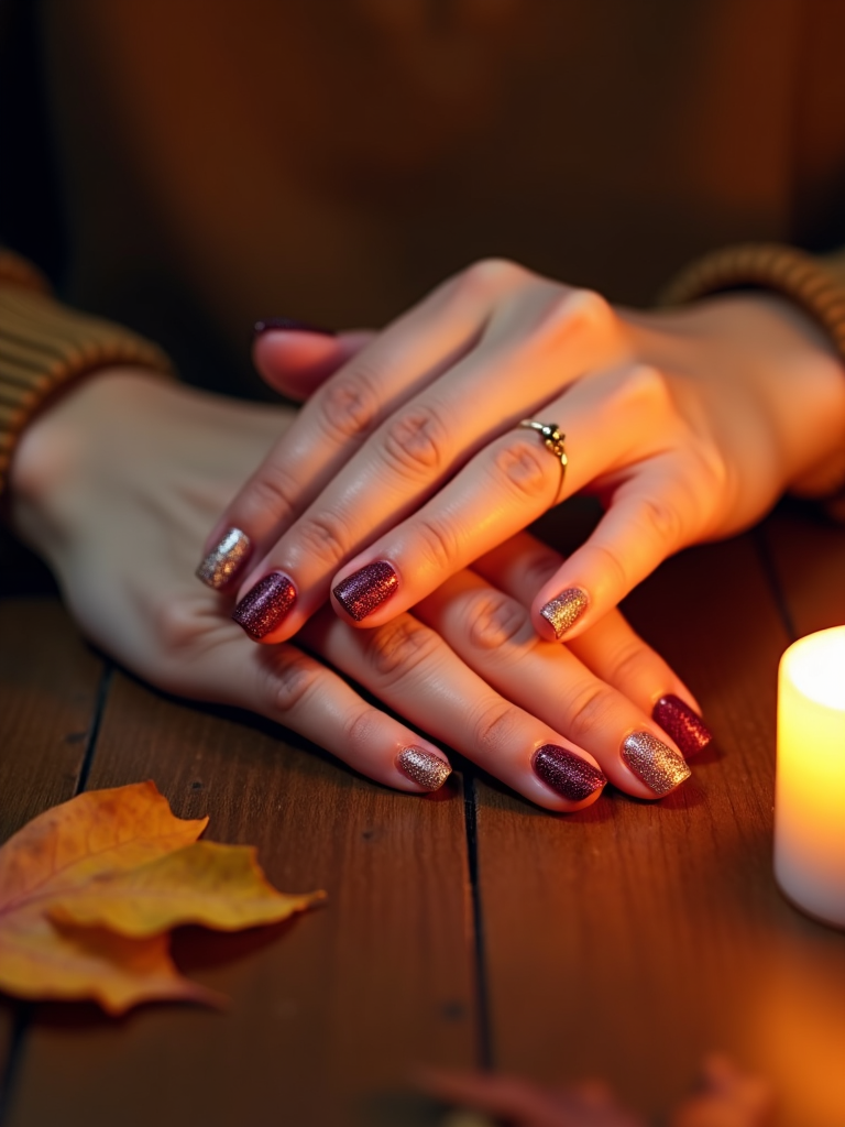 A pair of hands with nails painted in ombre shades of orange and maroon featuring delicate gold glitter accents, symbolizing a warm fall evening.