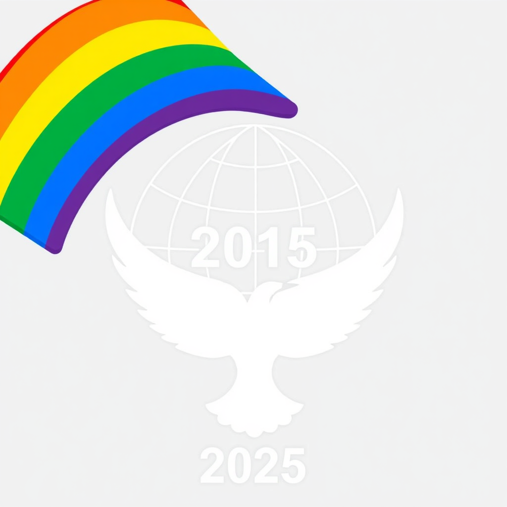 Sub Design Idea 5: The traditional Pride rainbow flag morphing into or interacting with a simplified global icon (e.g., a dove, a meridian grid). The year '2025' is featured prominently within the design. The focus is on how the rainbow embraces the world.