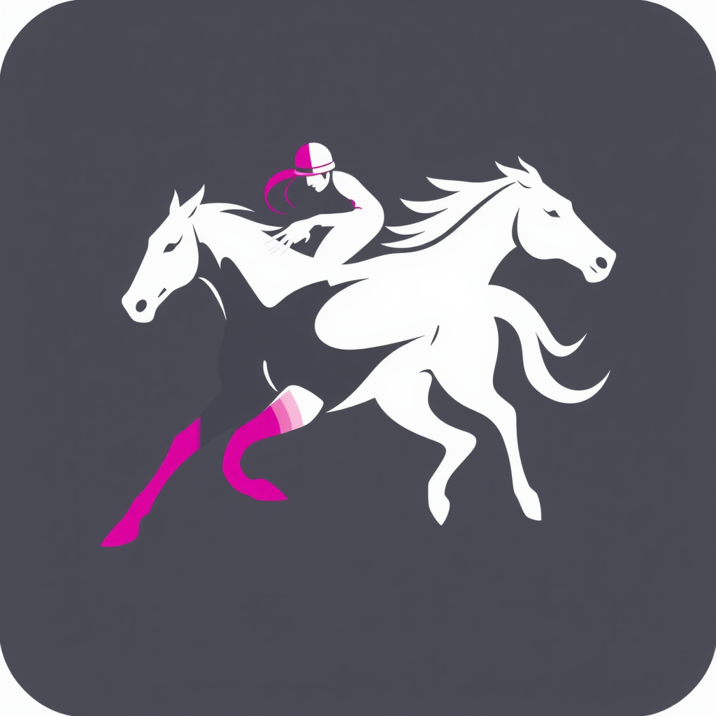 An abstract, fluid representation of a thoroughbred and jockey mid-stride, formed from dynamic swooshes and sharp angles, conveying speed and elegance. Utilize a contemporary color palette with a bold accent, such as electric blue or vibrant magenta, against a clean background.