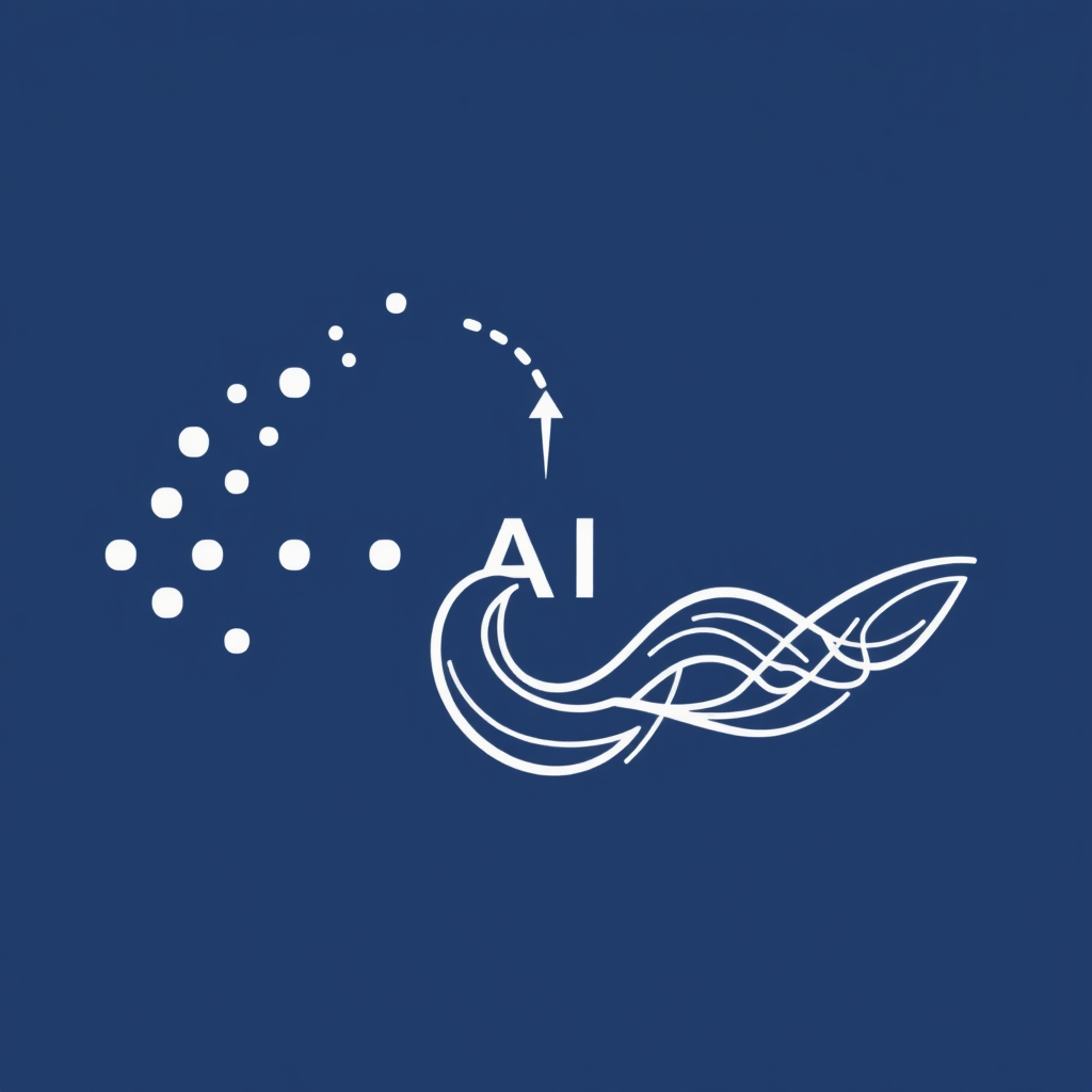 Sub-Design Idea 1 (Abstract Flow): Icon depicts a series of simplified abstract data points (e.g., dots, squares) on one side, flowing through a central, dynamic, swirling or multifaceted shape representing the AI transformation process, and emerging on the other side as a more complex, unified, or creative new shape (e.g., a stylized wave, an intricate pattern, a lightbulb).