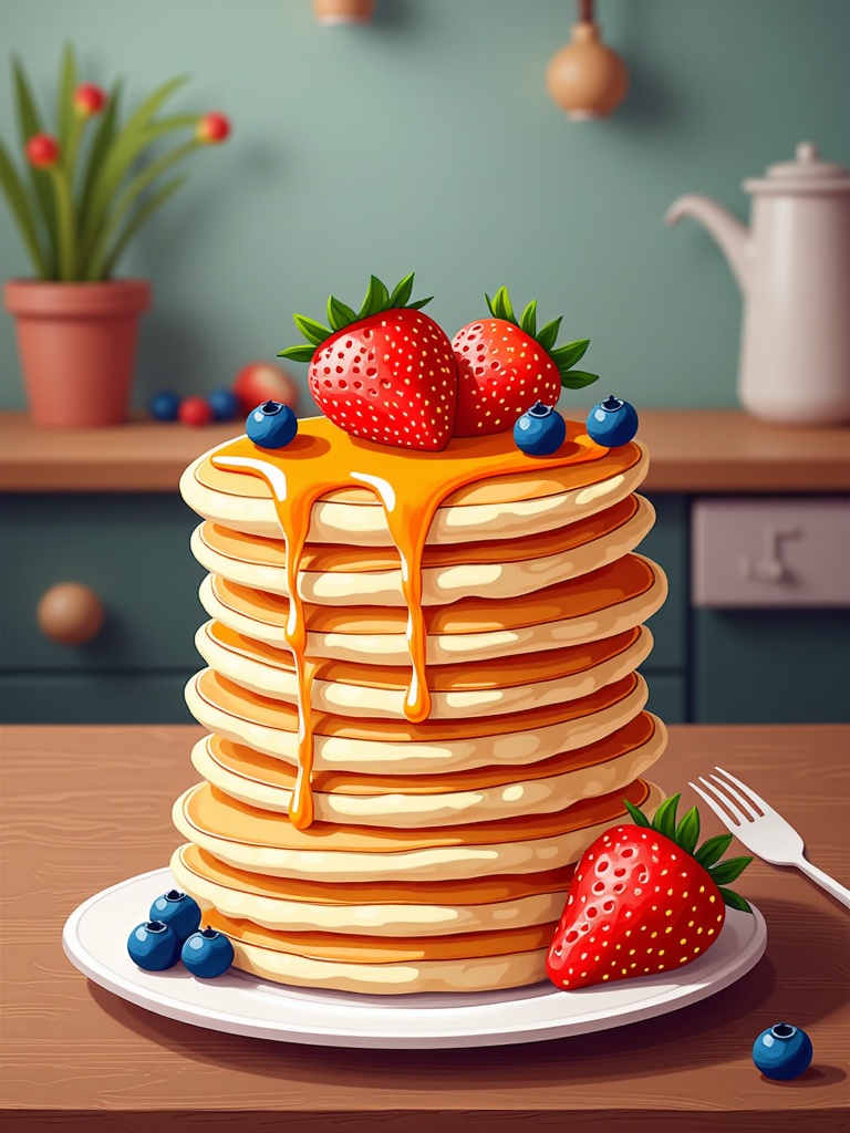  a stack of pancakes on a white plate. The pancakes are golden brown and appear to be freshly made. On top of the stack, there are two fresh strawberries with green leaves and blueberries. A drizzle of orange syrup is dripping down the sides of the pancakes. A fork is resting on the plate next to the stack. In the background, there is a kitchen counter with a potted plant and a teapot. The overall color scheme of the image is warm and inviting.