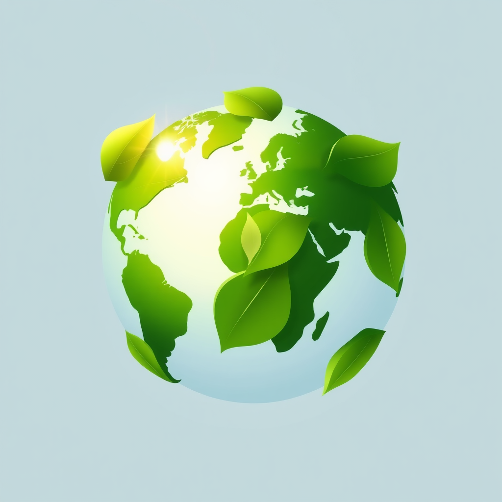 Design concept 2: A stylized globe where the continents are depicted as lush, interconnected green leaves. A clean energy symbol, like a gentle spark or a miniature sunburst, is nestled within or subtly emerges from these leaf-continents.