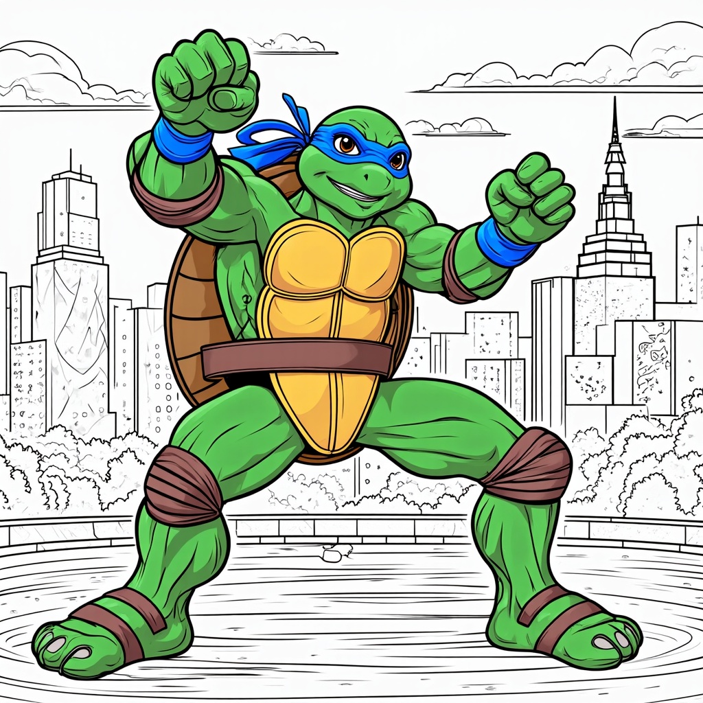 The image shows a teenage mutant ninja turtle in a cityscape, surrounded by buildings, trees, and clouds in the sky. The turtle is brightly colored and has a determined expression on its face, ready to take on any challenge.