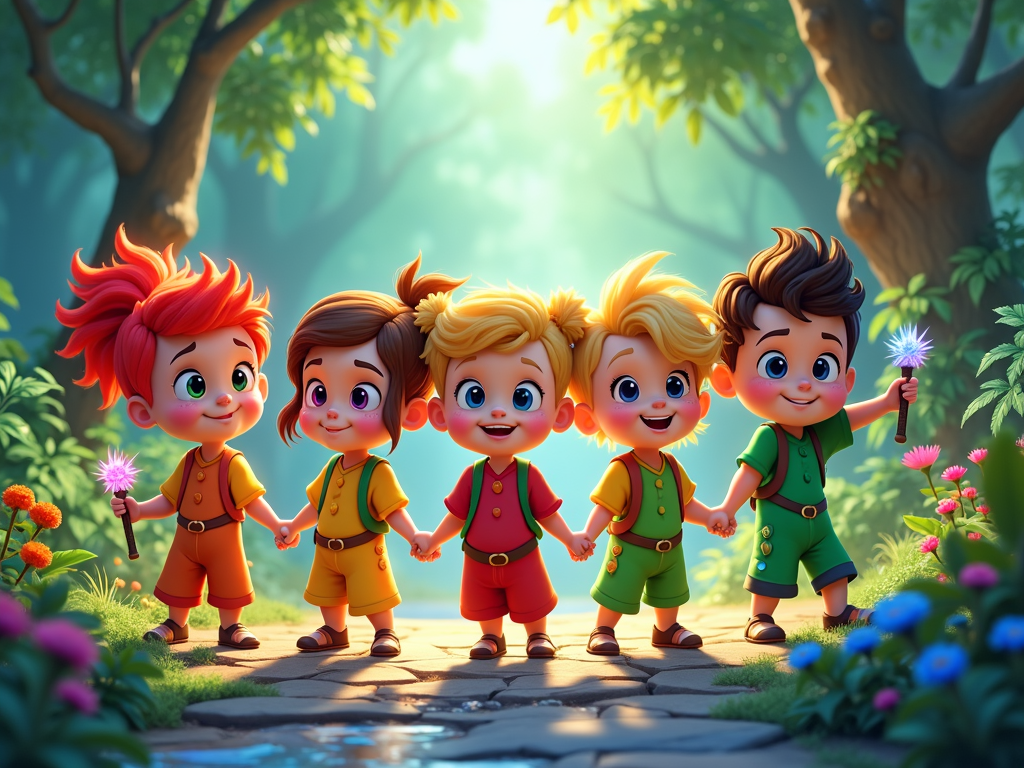 The main characters are a team of child-like adventurers, each with a different personality and a special ability related to a rainbow color.