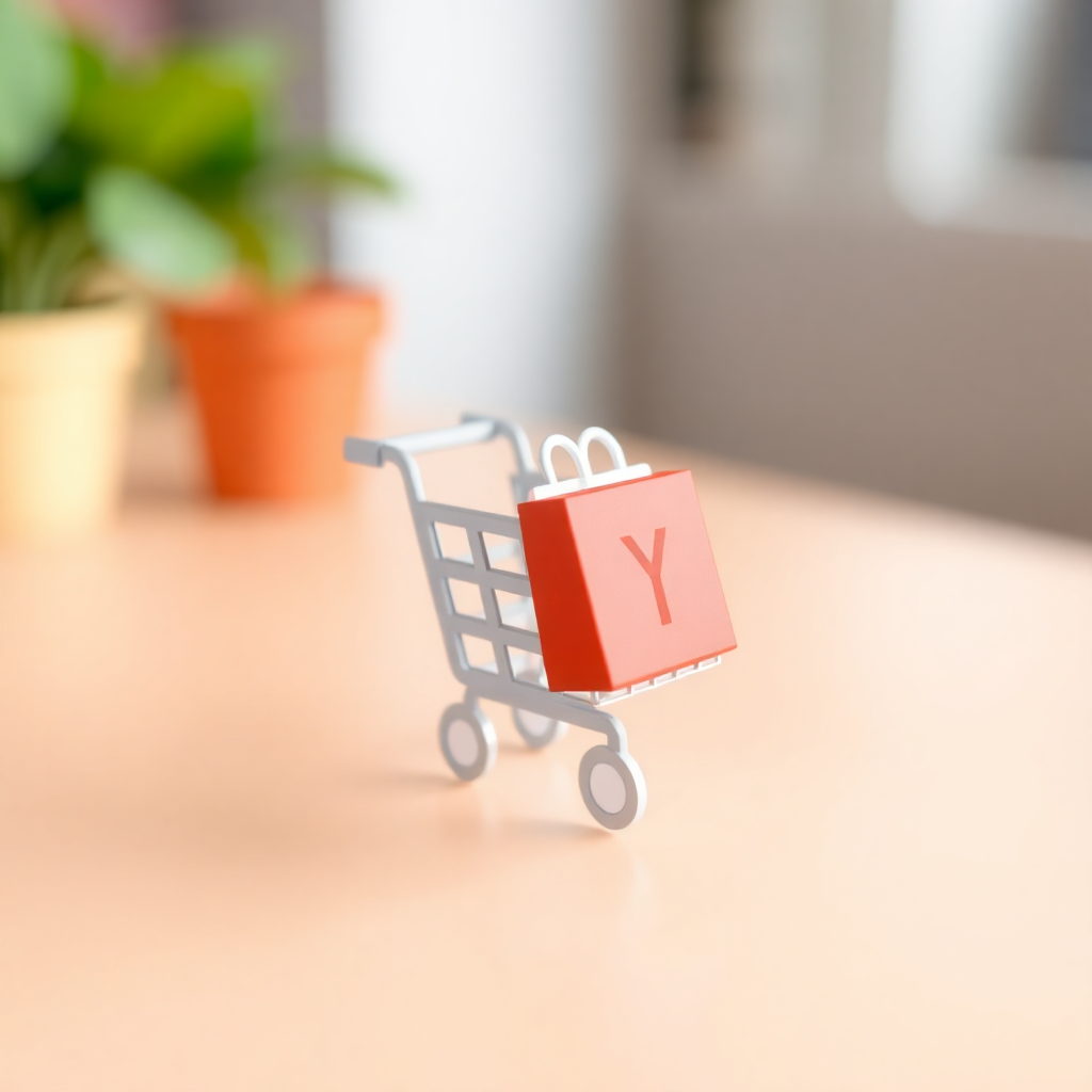  a small toy shopping cart with a red shopping bag in it. The shopping bag has the letter Y on it, indicating that it is a symbol of shopping. The cart is placed on a light-colored surface, and there is a small potted plant on the left side of the image. The background is blurred, but it appears to be a room with a window and a plant in the corner.