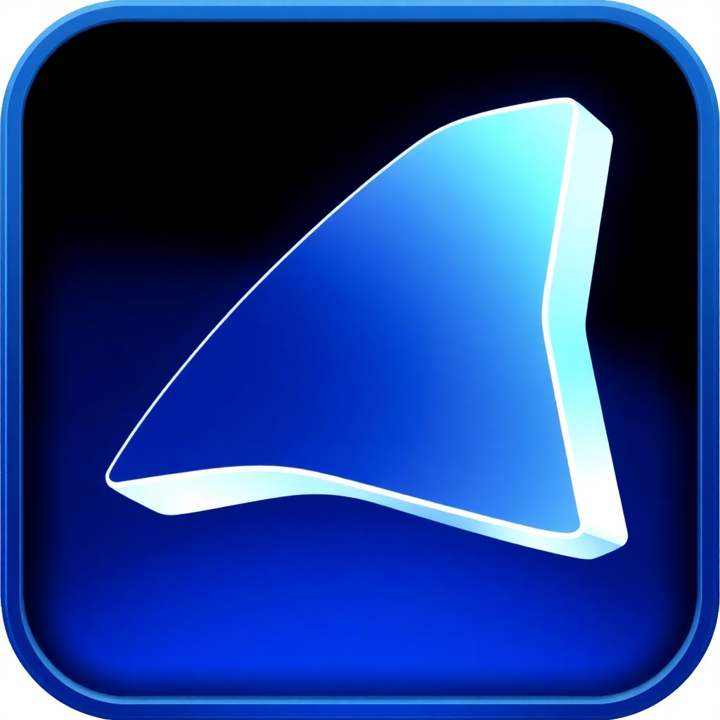 The image is a square-shaped icon with a dark blue background. In the center of the icon, there is a white triangle-shaped object that appears to be a play button. The triangle is slightly tilted to the right, giving it a 3D effect. The edges of the triangle are outlined in white, making it stand out against the dark background. The overall design is simple and minimalistic.