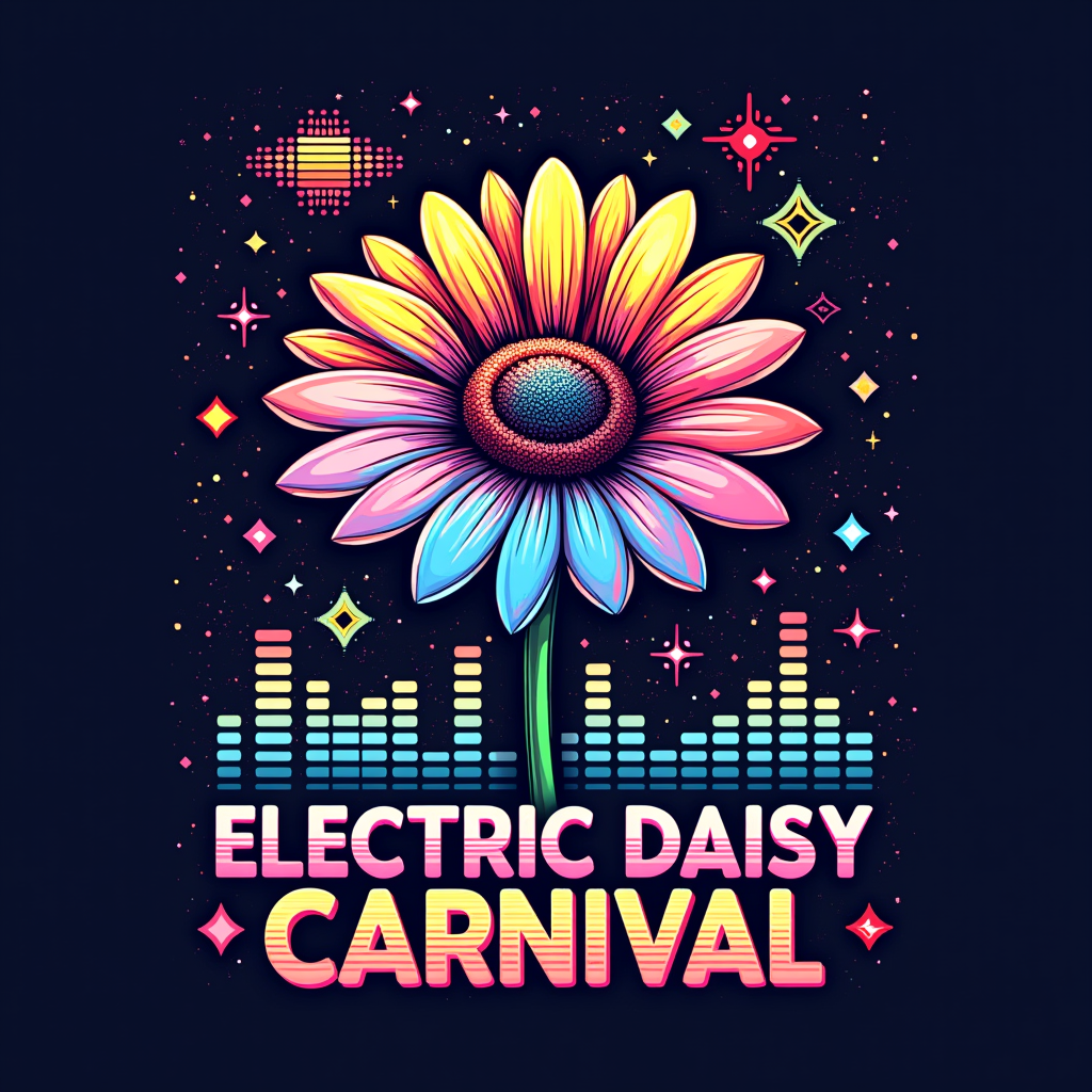 Pixelated Bloom Visualizer: The EDC daisy is at the center, with its petals depicted as segments of an old-school audio visualizer, pulsing with color. Surrounding the daisy are abstract, pixelated sound waves and geometric shapes reminiscent of early computer graphics. The text 'Electric Daisy Carnival' could be in a blocky, digital font below.