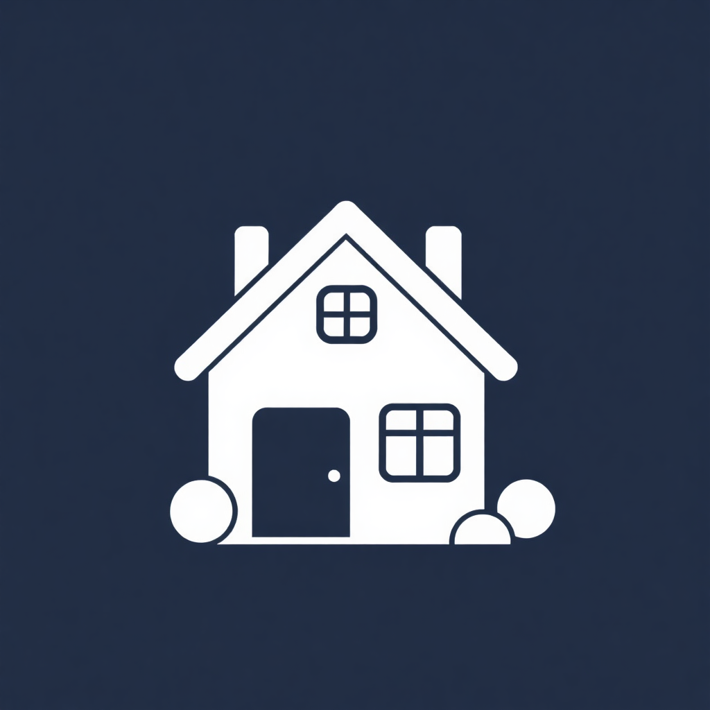 The image is a simple illustration of a house. It is a white icon on a dark blue background. The house is a two-story structure with a sloping roof and a chimney on the left side. The front of the house has a small window on the right side and a door in the center. There are two small windows on either side of the door, and two small balls on the ground in front of it. The overall design is simple and minimalistic.