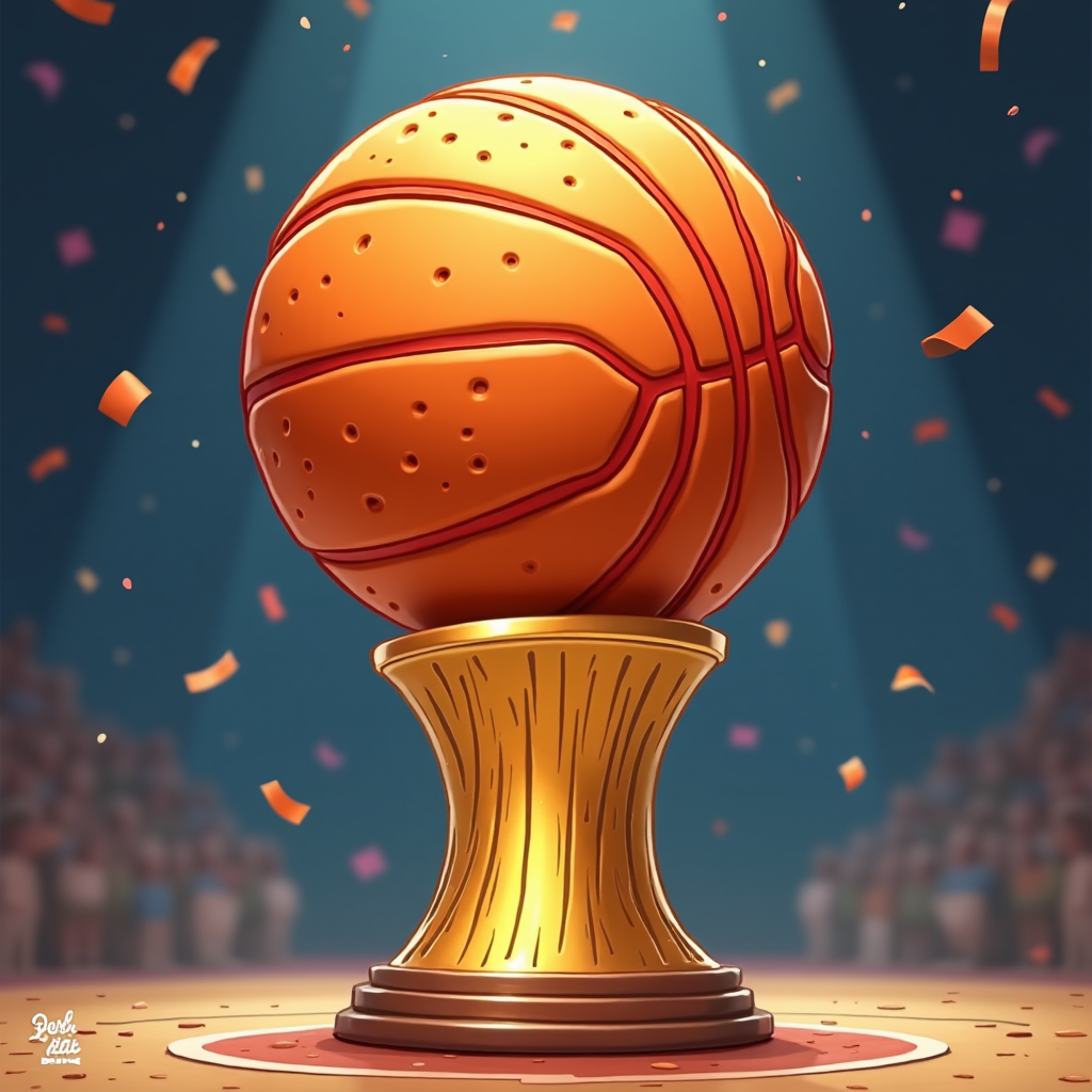 A pen and ink depiction of the basketball atop the NBA Trophy. The drawing captures the precise curvature and details, with stippling techniques to suggest the ball's texture and dimpled pattern.