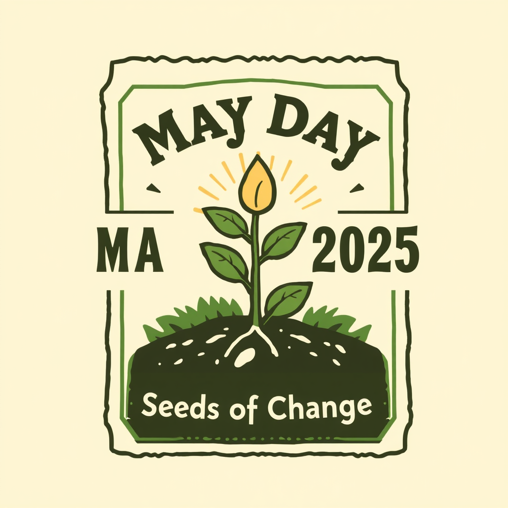 Seed Packet Concept: Design the logo as a vintage-style seed packet. 'May Day 2025' as the 'brand,' with an illustration of a sprouting seed transforming into a tool. The tagline 'Seeds of Change' prominently featured.