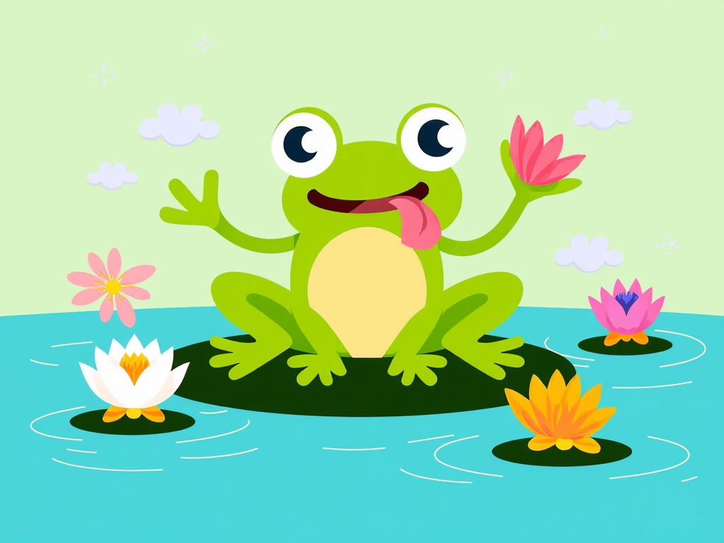 The image is a cartoon illustration of a green frog sitting on a small island in a pond. The frog has big round eyes and a big smile on its face. It is holding a pink flower in its right hand and its left hand is raised in the air, as if it is waving. The background is a light green color with small white clouds scattered around. In front of the frog, there are three pink and yellow water lilies floating on the surface of the water. The overall theme of the image is happy and playful.