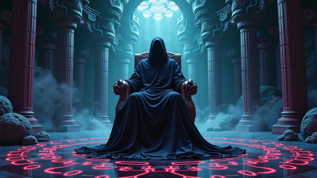 The Abyssal Throne Room: An AI-envisioned throne room deep within an otherworldly dimension, crafted from obsidian and pulsating organic matter, where a shadowy, imposing ruler sits. The atmosphere would be thick with dread and cosmic power.