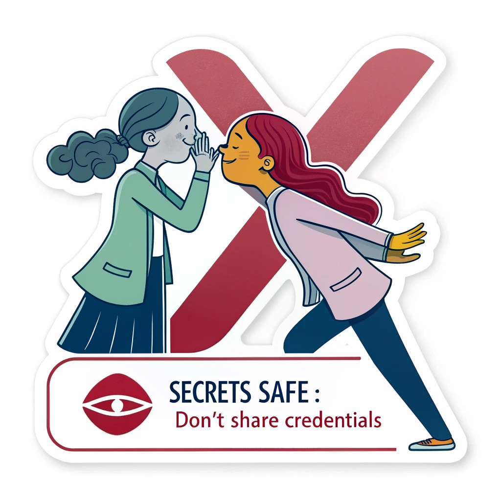 Sticker Design 4 (Whisper Stop): A graphic depicting two stylized figures, one about to whisper to another, with a large, impactful red 'X' or a 'STOP' sign symbol over the interaction. The text 'Secrets Safe: Don't Share Credentials' is placed for immediate understanding.
