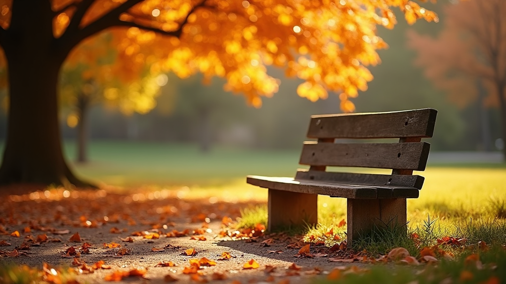 A lone bench sits in a park under a canopy of orange and yellow leaves shimmering in the morning light.