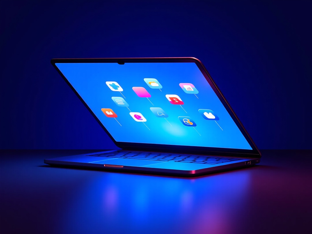 The laptop's open screen reflects ambient blue light, enhancing the sophisticated feel of the flat design. This light makes the interface's flat icons pop, consistent with contemporary user interface trends.