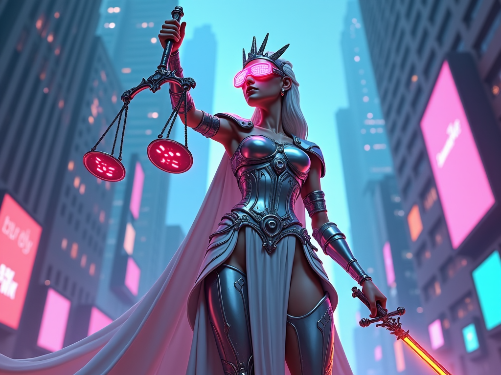 Lady Justice in a futuristic dystopian setting, where her cartoon scales beam high-tech digital data. Her sword reflects neon lights, and her blindfold is technologically advanced, illustrating justice adapting through time.