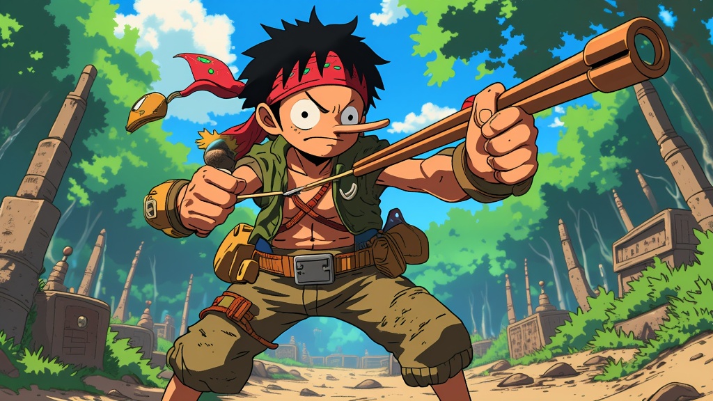 Usopp, the sharpshooter of the Straw Hat Pirates, depicted amidst a flurry of tactical traps and gadgets, ready for action against imposing opponents.