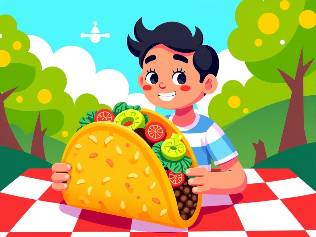  a young boy sitting at a picnic table in a park. He is holding a large taco in his hands and is smiling at the camera. The taco is filled with various ingredients such as lettuce, tomatoes, cucumbers, and other vegetables. The boy is wearing a blue and white striped shirt and has black hair. The background shows trees and a blue sky with white clouds. The table is covered with a red and white checkered tablecloth.