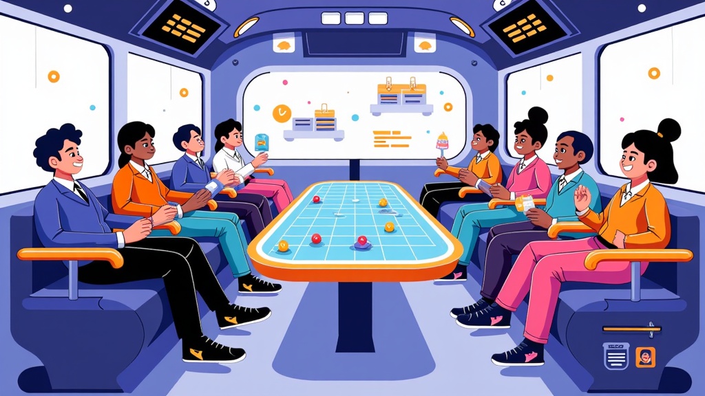 Sub Design Idea 4: 'Social & Entertainment Lounge'. Illustration of a robotaxi interior with flexible, conversational seating for multiple passengers. A central interactive surface or shared holographic display shows collaborative games, shared media, or route planning tools. The AI facilitates group interaction, manages shared experiences, and ensures personalized comfort for each passenger within the shared space.
