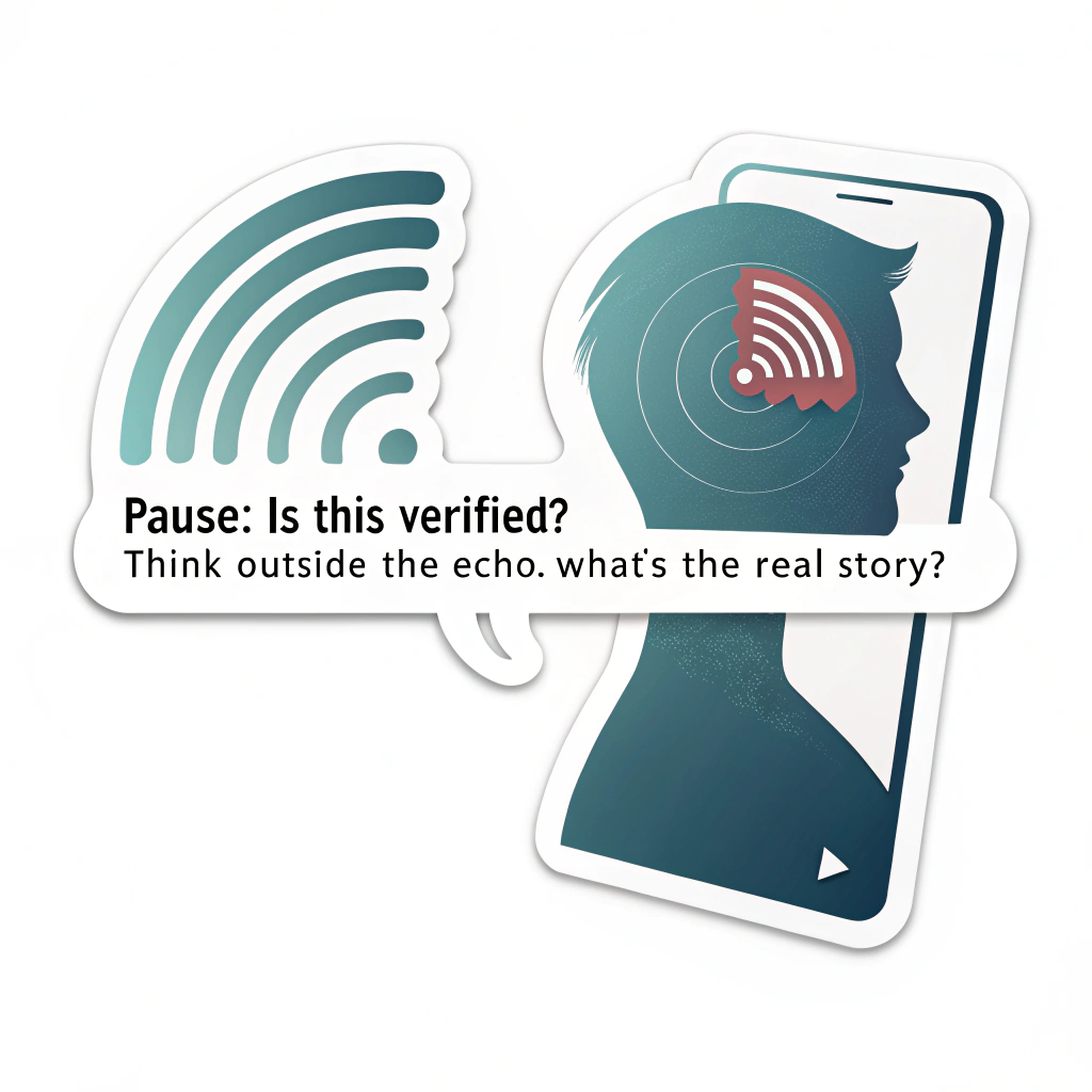 'Digital Echo' Awareness Sticker: Create a sticker visualizing an echo chamber, perhaps with sound waves bouncing within a stylized head silhouette or a phone screen. Include text like 'Pause: Is this verified?' or 'Think Outside the Echo. What's the real story?'